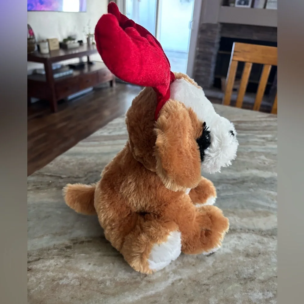 Holiday Puppy Plush with Reindeer Antlers - Brown and White Dog with Red Antlers